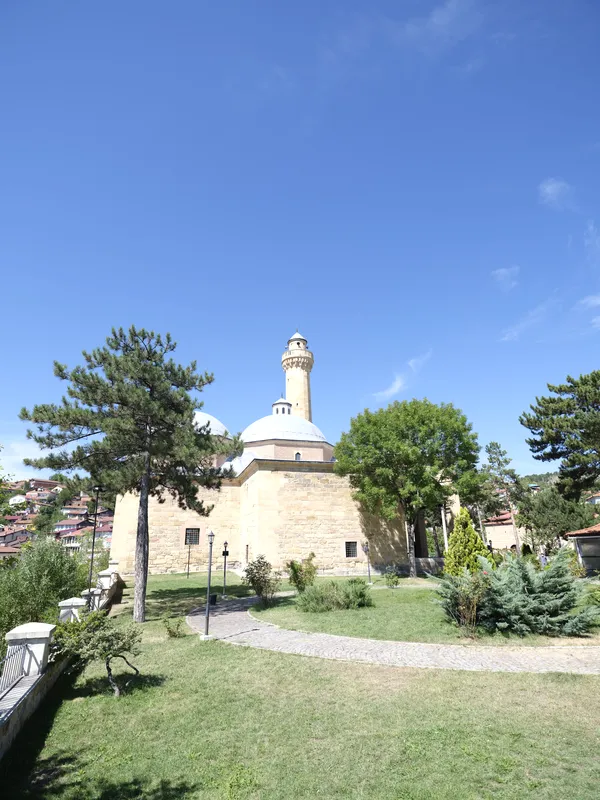 Bahçeden caminin kubbesi ve minaresi.