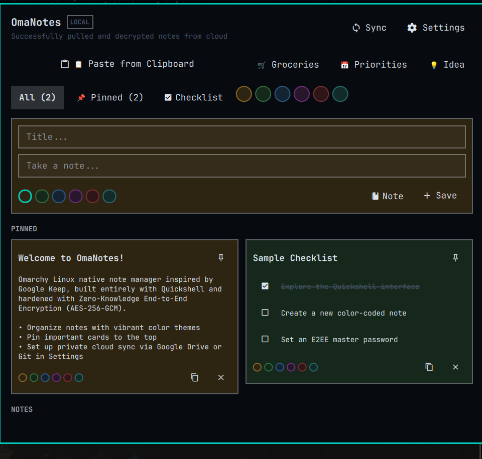 Omarchy Linux İçin OmaNotes: Google Keep Tarzında, Zero-Knowledge E2EE Not ve Görev Yöneticisi